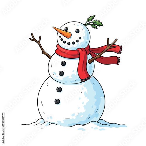 Cheerful snowman with a red scarf