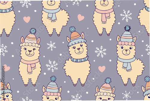 Cute cartoon llamas wearing winter hats and scarves on a snowy background.