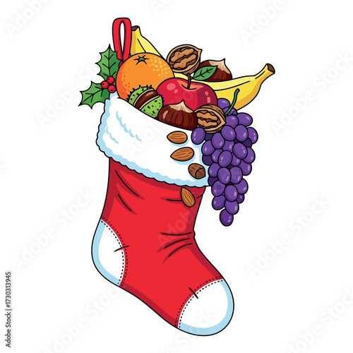Christmas stocking filled with fruits illustration