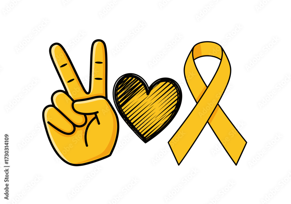 Obraz premium childhood cancer awareness, golden ribbon, gold awareness ribbon, pediatric cancer, peace hand sign, childhood cancer symbol, yellow ribbon awareness, childhood cancer support, awareness ribbon gold, 