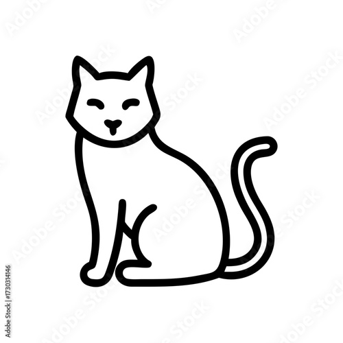 Line drawing of a cat sitting calmly on a white background  