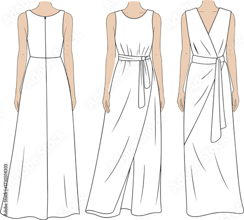 Flat vector CAD illustration of sleeveless wrap dress with belt tie, technical fashion sketch, elegant long dress front and back