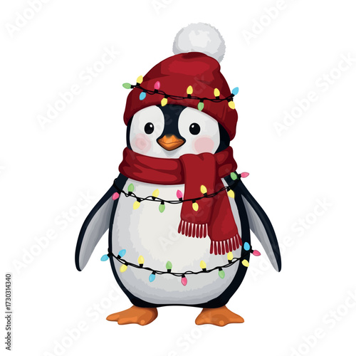 Penguin wearing a hat and scarf wrapped in christmas lights
