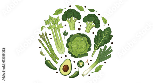 A colorful assortment of fresh green vegetables and herbs arranged in a circular pattern.