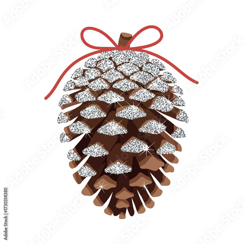 Sparkling pine cone with red ribbon for christmas