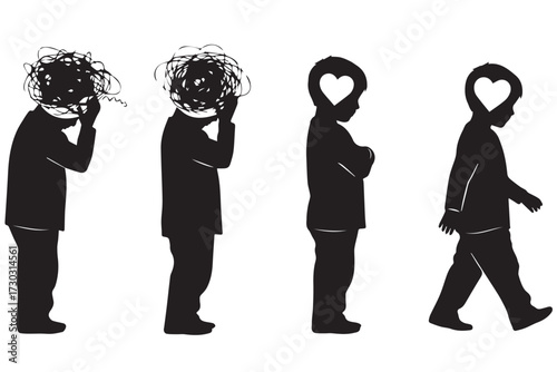 Silhouettes of a childs development from distress to peace, showing a transition in mental state, isolated on transparent background world mental health day design