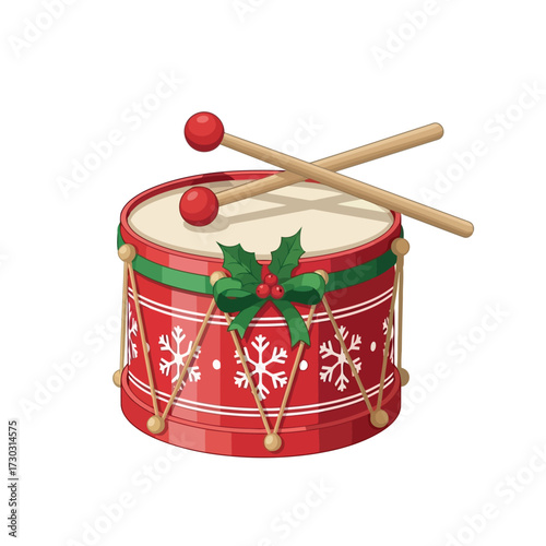 Festive christmas drum with holly and drumsticks