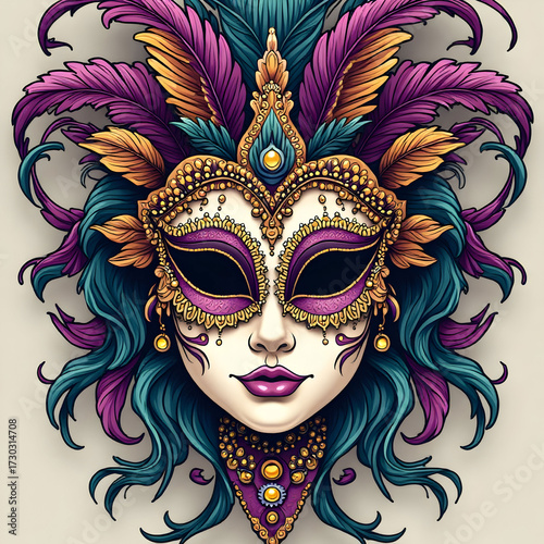 Detailed Marda gras illustration with mask and feathers