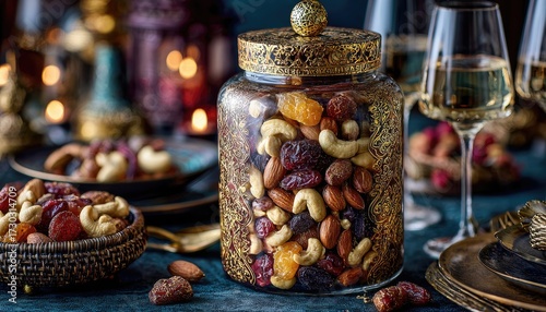 Fototapeta Naklejka Na Ścianę i Meble -  Ornate glass jar filled with mixed nuts and dried fruits, festive table setting