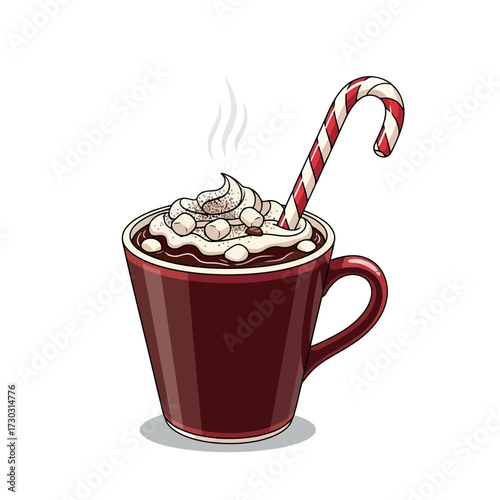 Hot chocolate with marshmallows and candy cane