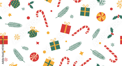 A whimsical holiday pattern featuring festive gifts candy canes and evergreen sprigs.