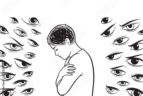 A child stands with arms crossed, looking down, surrounded by many watchful eyes isolated on transparent background world mental health day design