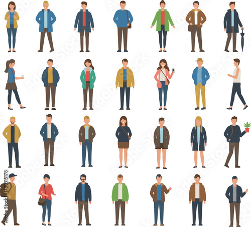 Flat vector illustration of diverse standing people in casual clothing, male and female characters in different poses, isolated on white background for design use