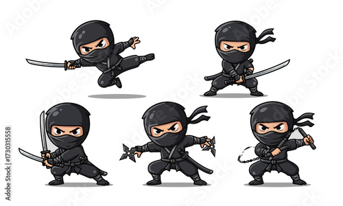 Cute Cartoon Ninja Character Vector Set: Action Poses with Traditional Weapons