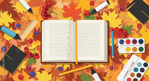 Autumn school supplies and an open book spread on colorful fallen leaves.