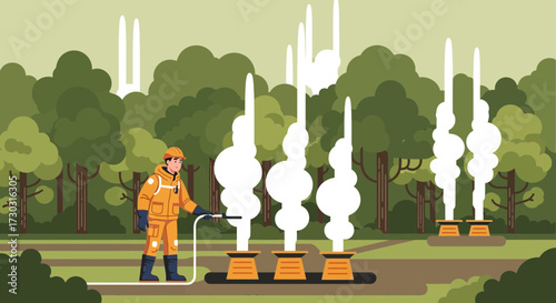 An Oil Field Worker Monitoring Gas Vents in a Forest Environment Illustration