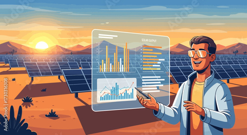 Optimistic solar energy analyst showcasing renewable energy power plant data