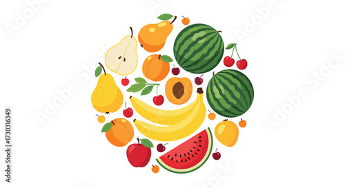 A vibrant circular arrangement of fresh seasonal fruits including bananas watermelon pears and cherries.