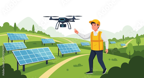 Solar panel maintenance with drone and engineer on idyllic countryside setting