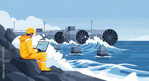 Coastal facility inspection with expert using laptop for data monitoring tasks