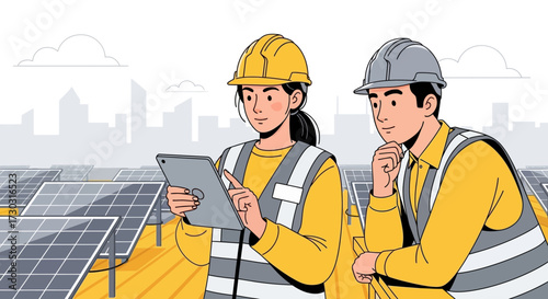 Technicians overseeing solar energy farm operations with digital technology integration