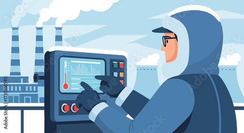 Factory worker monitoring environmental control panel in cold industrial setting