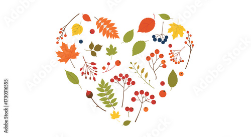 A heartwarming collection of autumnal leaves and berries arranged in a heart shape for seasonal decoration.