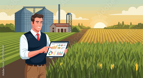 Modern farmer managing his farm via a tablet showing charts and data analytics