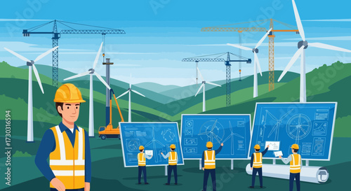 Renewable energy project featuring engineers, blueprints, and wind turbine construction