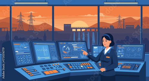 Female Engineer Monitoring Hydroelectric Power Plant Operations at Sunset