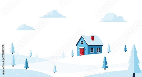 A cozy blue house sits on a snowy hill surrounded by evergreen trees during a winter snowfall.