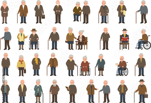 Flat vector illustration of elderly men and women in various poses, standing, sitting, walking with canes or wheelchairs, isolated on white background for design projects