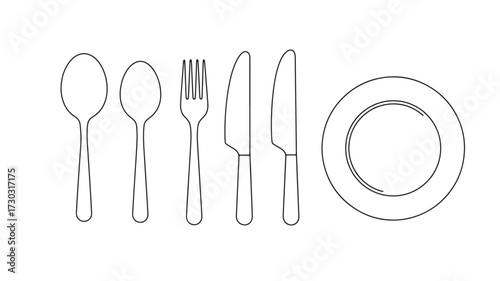 Minimalist cutlery set simple line art vector illustration isolated on white