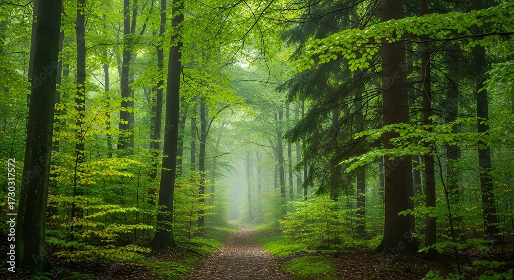 Fototapeta premium Enchanting Forest Path Bathed in Soft Sunlight