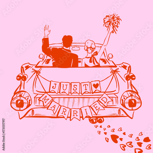 Newlyweds wedding car illustration, Whimsical hand drawn bride and groom Just Married illustration for invitations and wedding signs