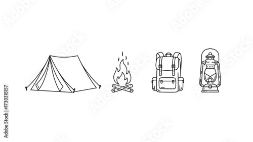 Camping icon set line art vector illustration for outdoor adventure isolated