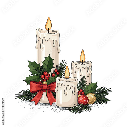 Christmas candles with fir branches and red bow