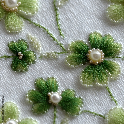 Delicate green embroidered floral pattern with pearl accents on textured fabric