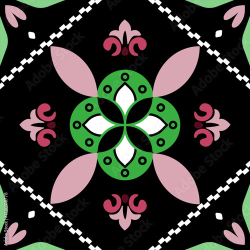 Geometric Floral Tile Seamless Pattern for carpet, print, wrap, decorative, illustration, Fabric, Wallpaper, Ceramics. 
