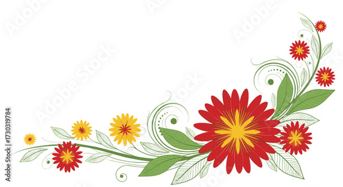 A vibrant floral arrangement featuring red and yellow flowers with green leaves and swirling decorative elements creating a charming corner flourish.
