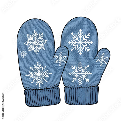 Pair of blue knitted mittens with snowflakes
