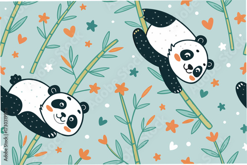 Cute pandas climbing bamboo surrounded by flowers and stars.