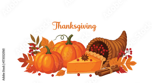 A festive cornucopia overflowing with pumpkins pie cinnamon sticks and autumn leaves a symbol of Thanksgiving abundance.