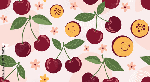 A cheerful seamless pattern of ripe cherries and happy smiling faces.