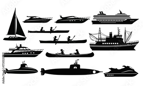 Set of Water Transport Silhouettes: Boats, Ships, and Aquatic Vehicles