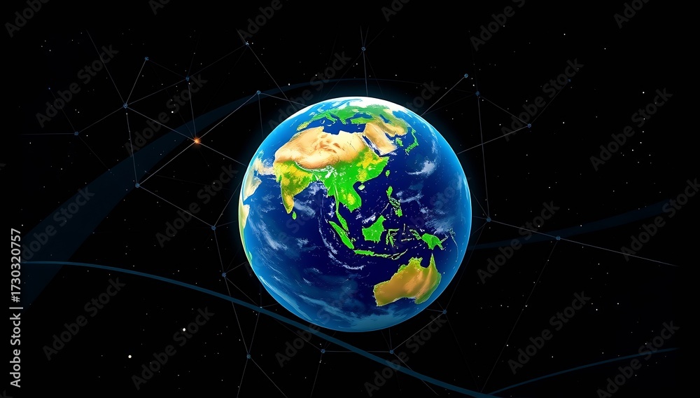 Naklejka premium Stylized Earth with Global Network in Space Asia and Australia Visible.