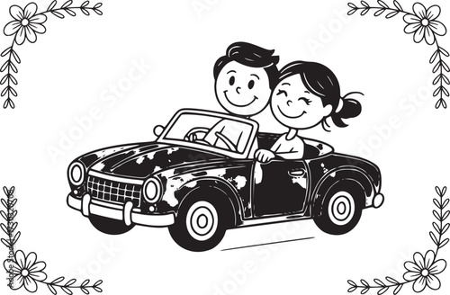 Couple's Joyride: An enchanting illustration capturing the essence of romance as a couple cruises in a classic convertible, the epitome of happiness and freedom.