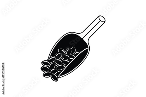 A simple black scoop filled with seeds presented as a silhouette