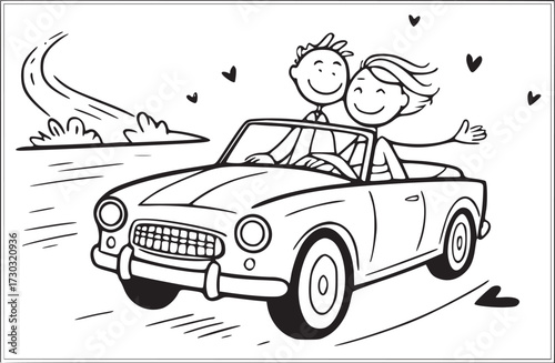 Love on the Road: A simple black-and-white illustration depicts a happy couple enjoying a road trip in a convertible car, with hearts, symbolizing love and freedom.