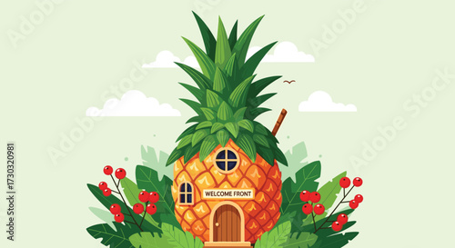 A charming pineapple house with a round window and a wooden door surrounded by lush greenery and red berries.
